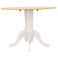 Round table with wooden top and white base on a white background