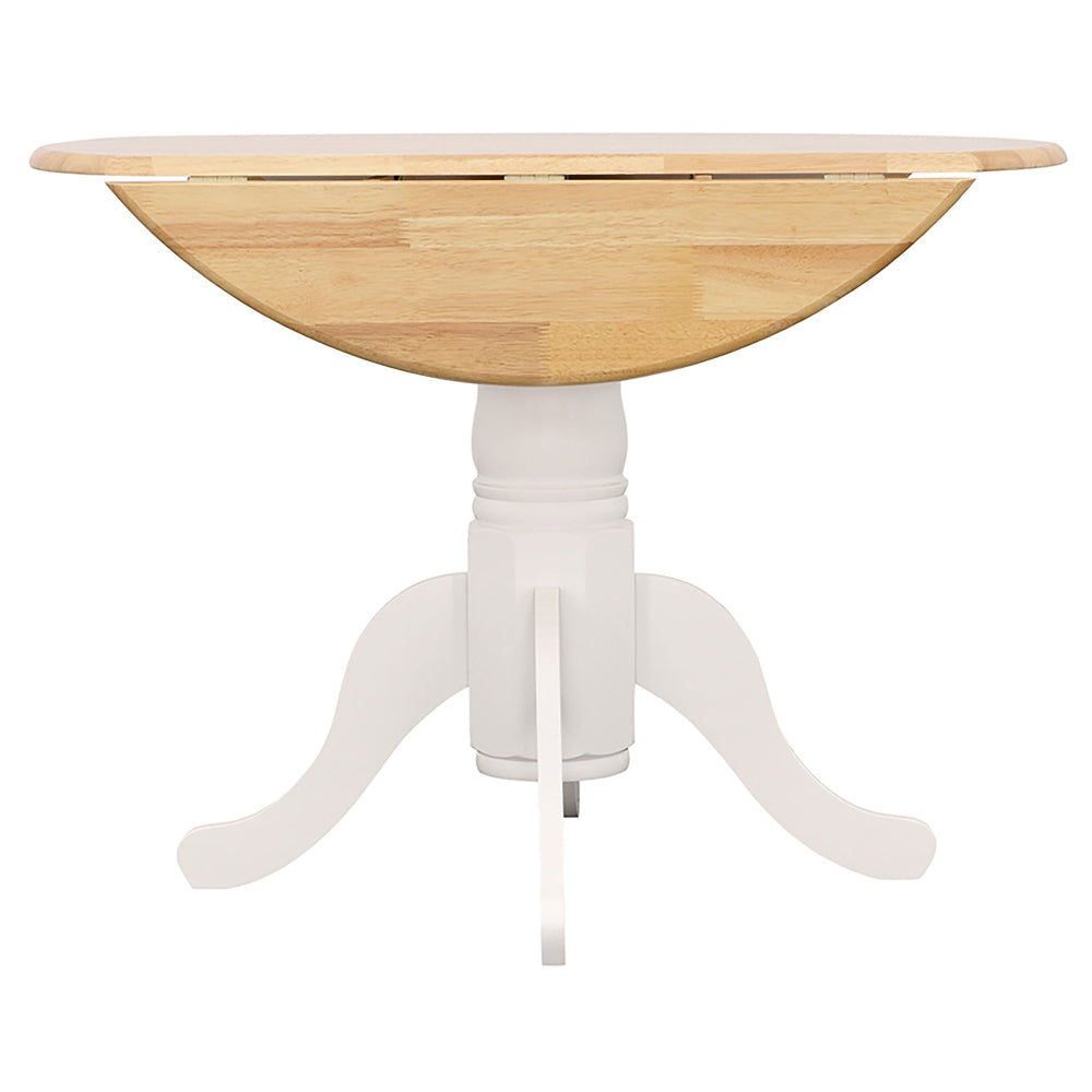 Wooden dining table with white pedestal base on a white background