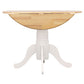 Wooden dining table with white pedestal base on a white background