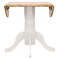 White pedestal table with wooden top on a white background