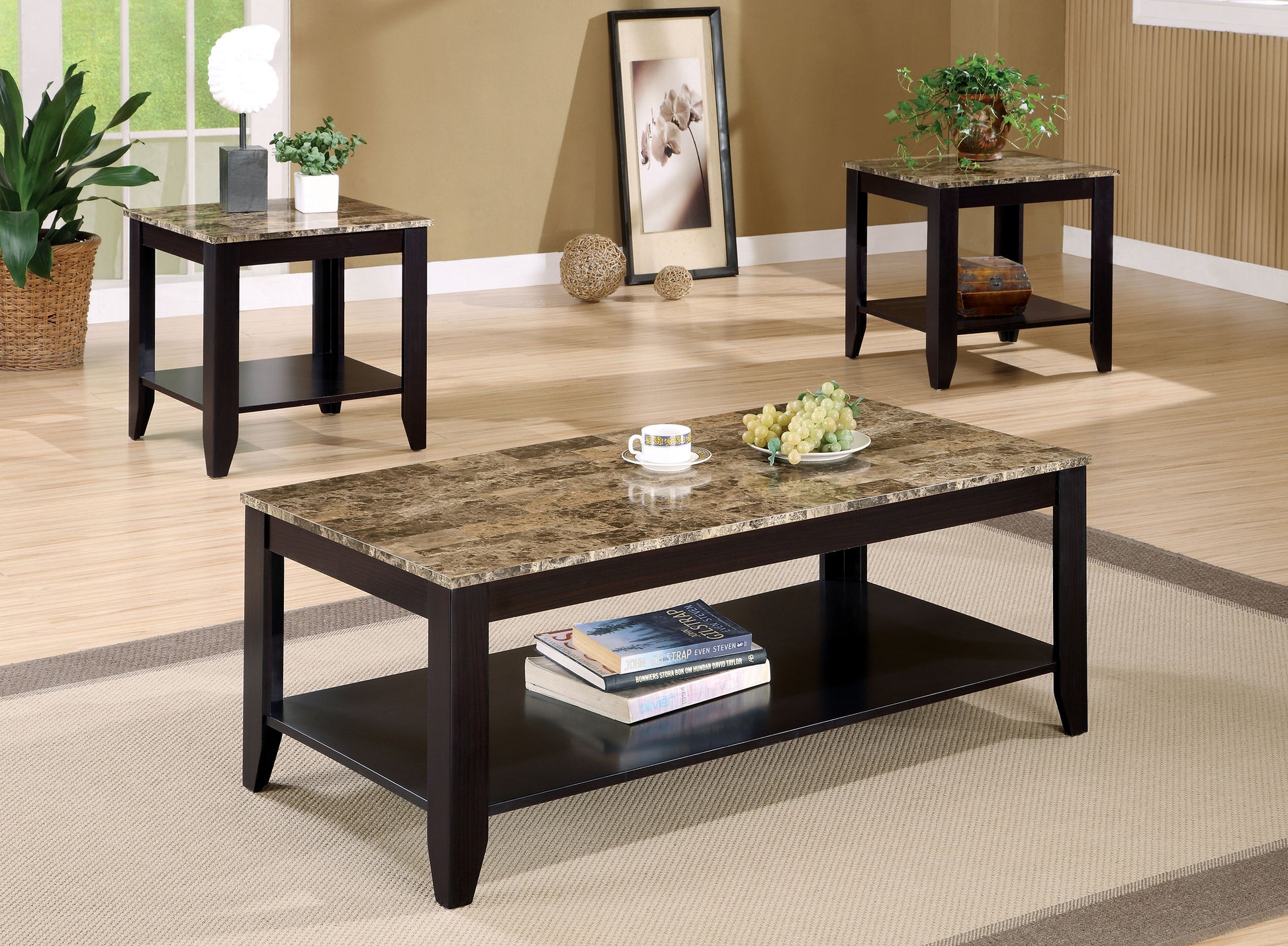 Flores 3 piece Faux Marble Top Coffee Table Set Cappuccino Longstreet Living
