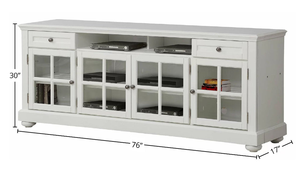 White entertainment console with glass doors and dimensions on a white background