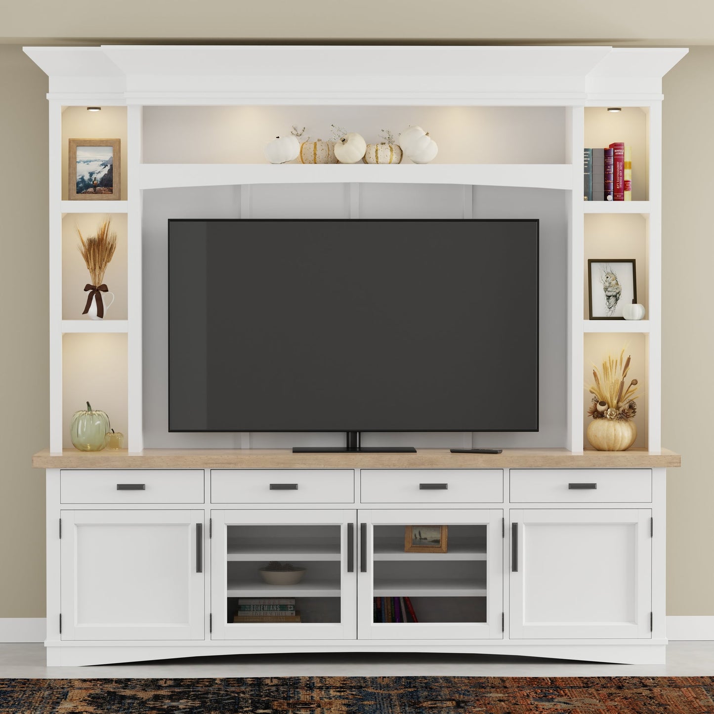 AMERICANA MODERN - COTTON 92 IN. TV CONSOLE WITH HUTCH, BACKPANEL AND LED LIGHTS