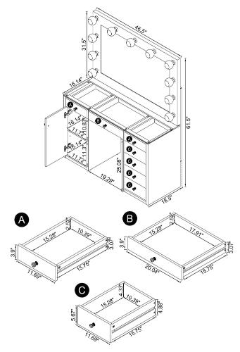 Acena 7-drawer Vanity Set with Lighting Black High Gloss