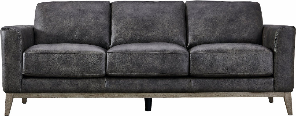 Gray sofa with wooden legs on a plain background