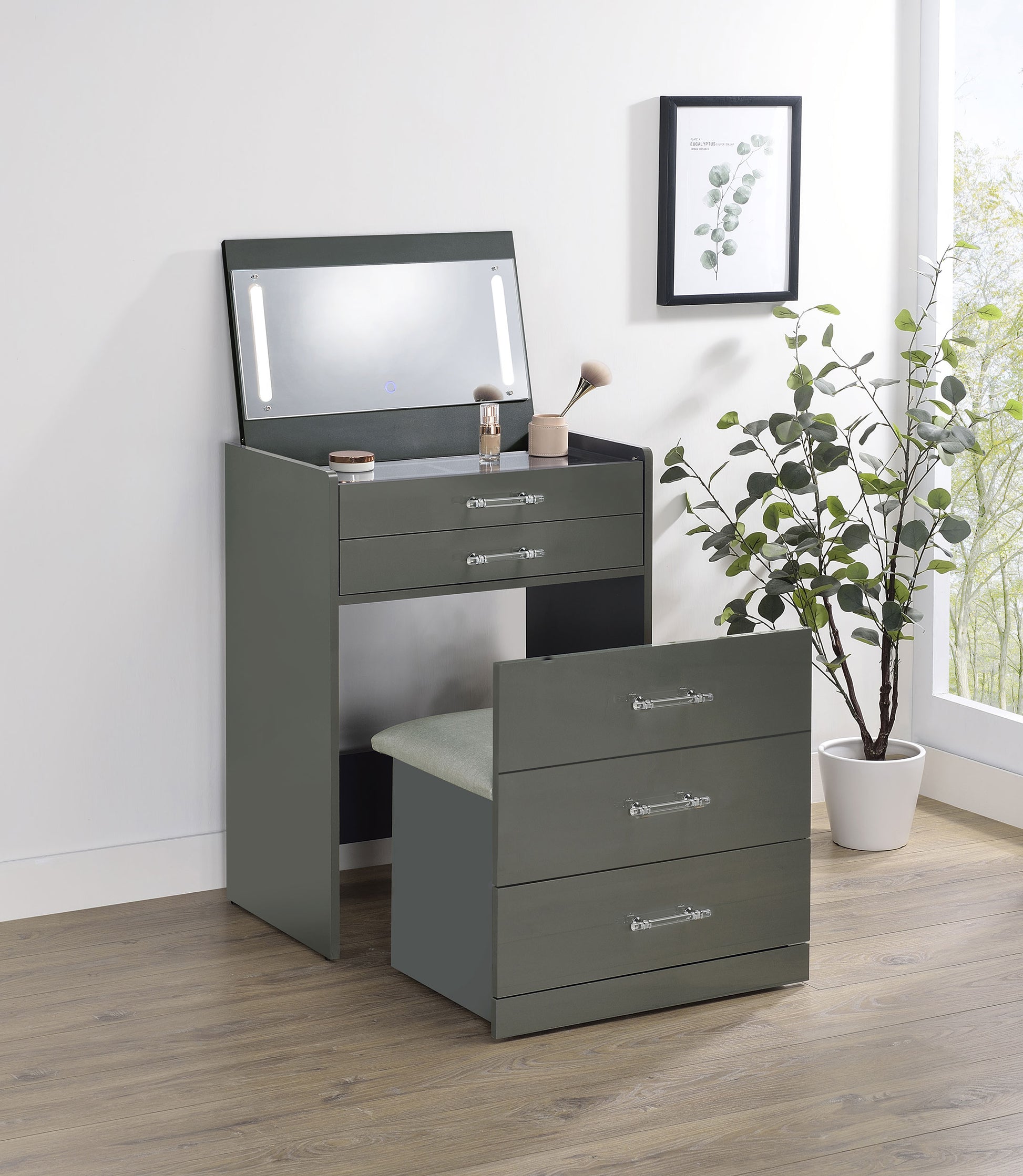 grey dressing table with drawers Grey Vanity Desk with Lighted Mirror, Glass Top, Jewelry Cabinet, Charging Station & Stool