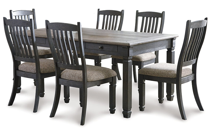 Dining table set with six chairs on a white background
