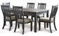 Dining table set with six chairs on a white background