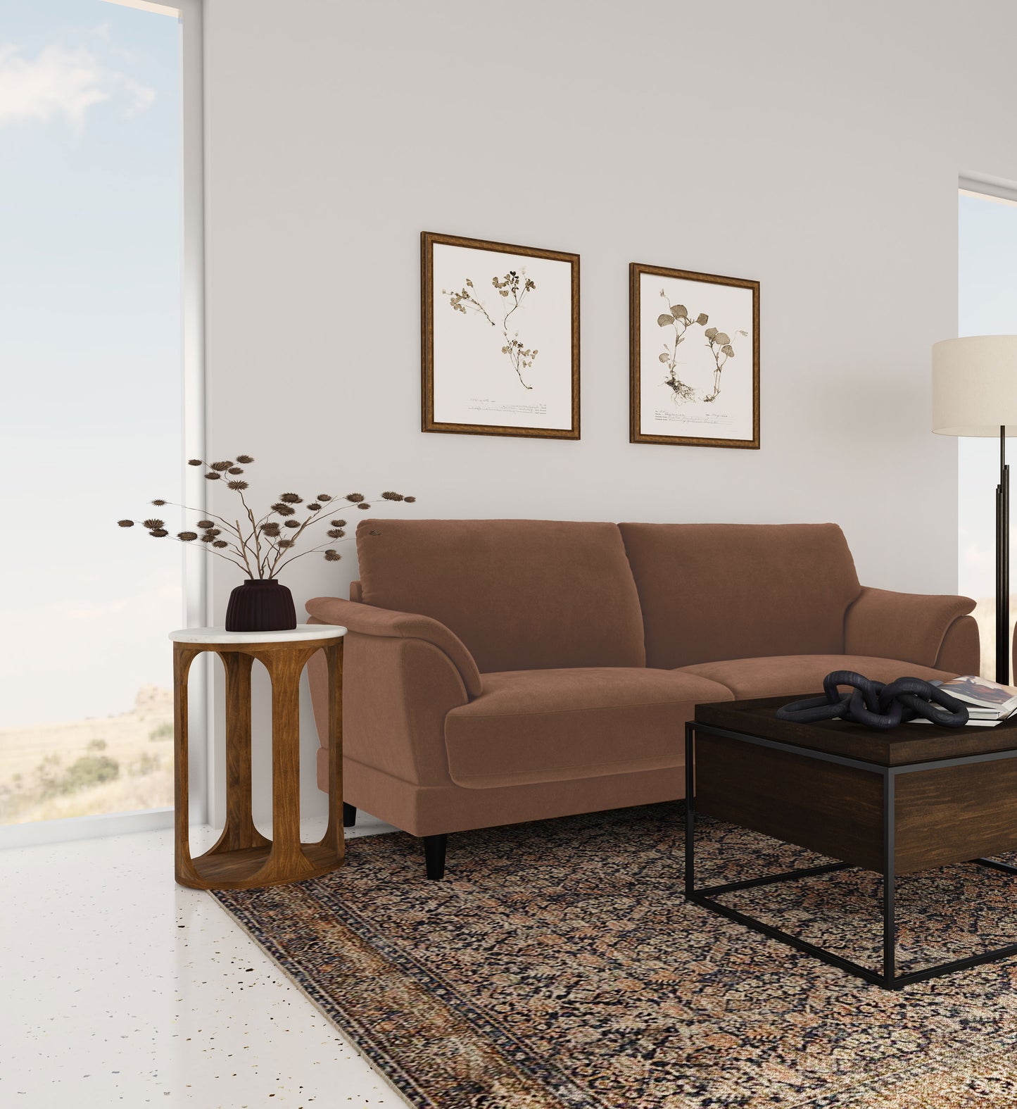 Selma Velvet Upholstered Crescent Arm Sofa Rust