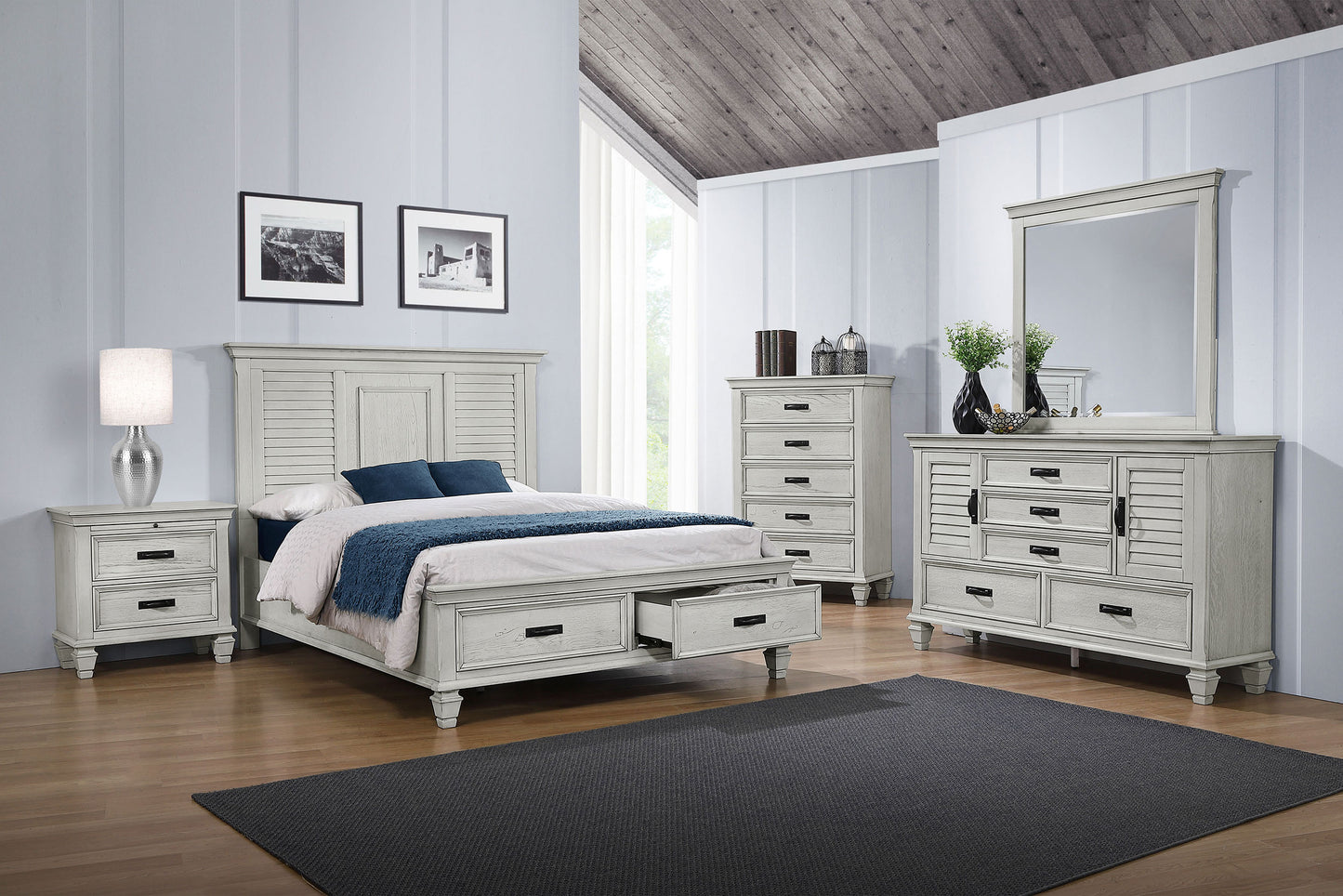 Franco Wood Eastern King Storage Panel Bed Distressed White