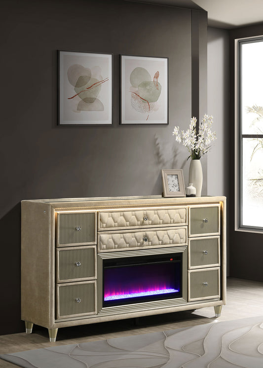 Lorient 8-drawer LED Bedroom Flame Box Dresser Ivory Camel