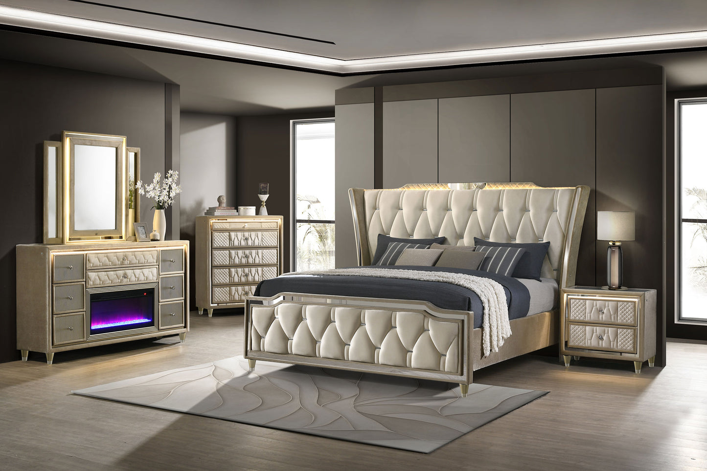 Lorient 8-drawer LED Flame Box Dresser and Mirror Ivory Camel