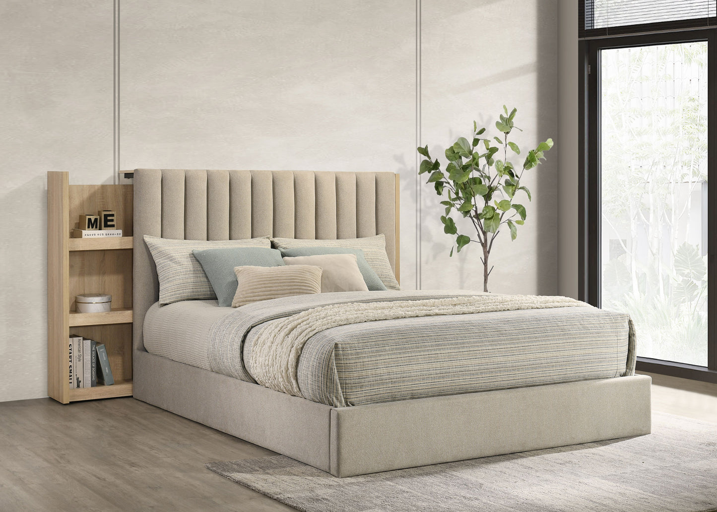 Arielle Eastern King Bookcase Panel Storage Bed Light Oak
