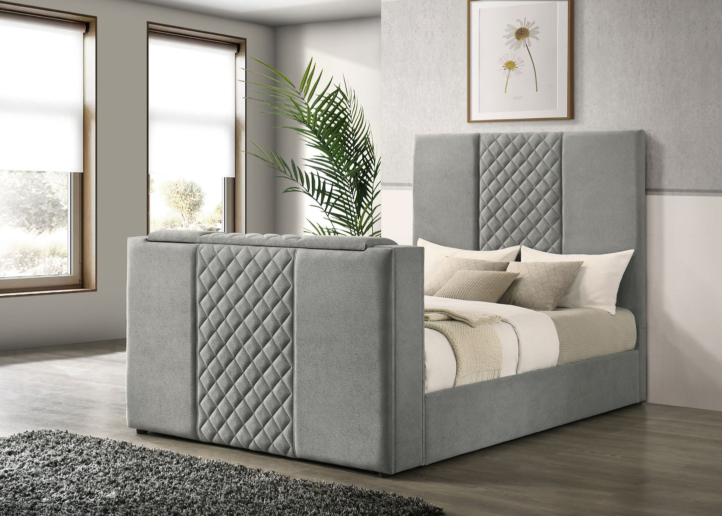 Tara 61-inch Upholstered Queen Panel TV Bed Grey