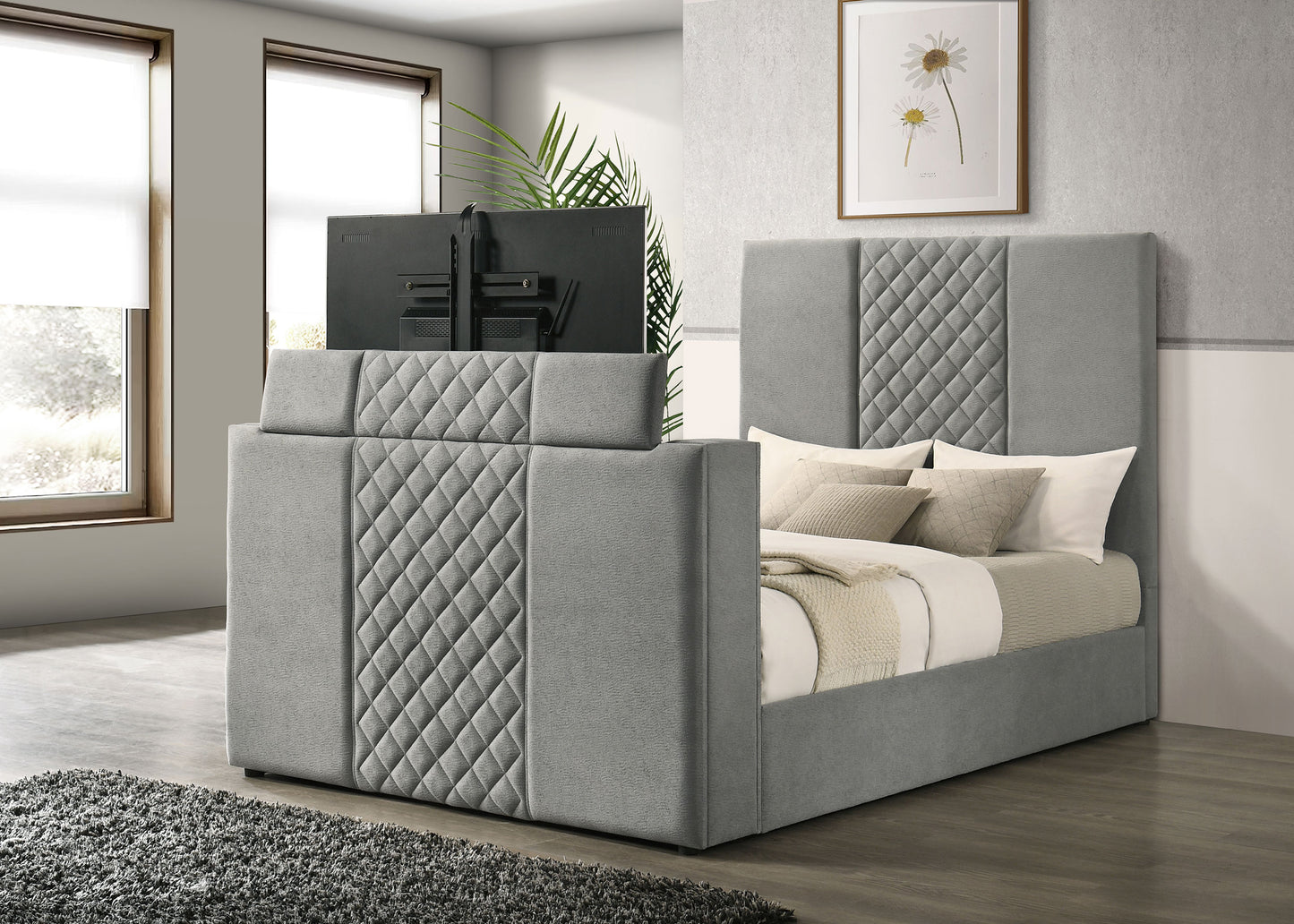 Tara 61-inch Upholstered Queen Panel TV Bed Grey