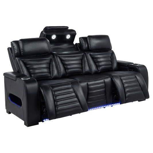 Zuma Faux Leather Dual Power Reclining LED Sofa Black