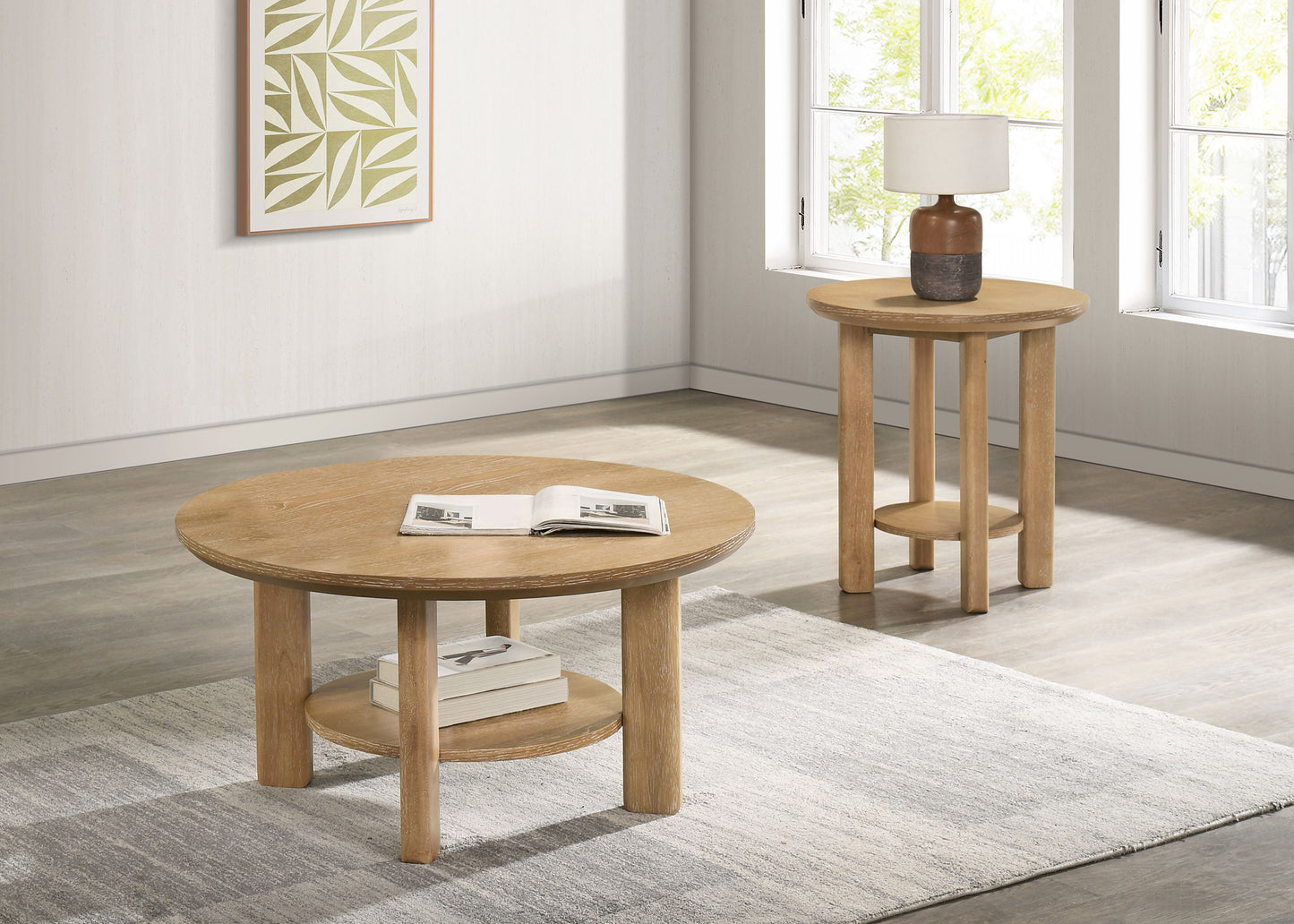 Ottowa Round Wood Side End Table with Shelf Washed Oak