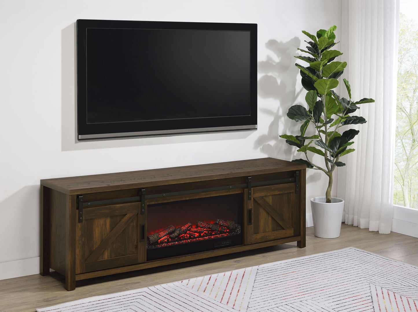 Enfield 71-inch TV Stand Fireplace Media Console Dark Pine