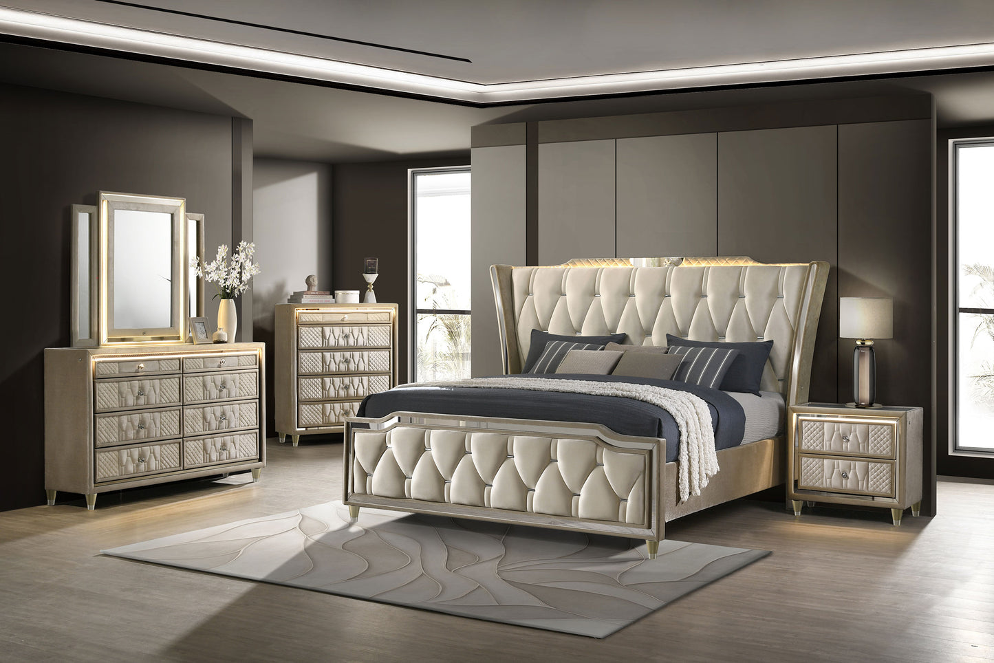 Lorient 5-drawer LED Chest of Drawers Ivory and Camel