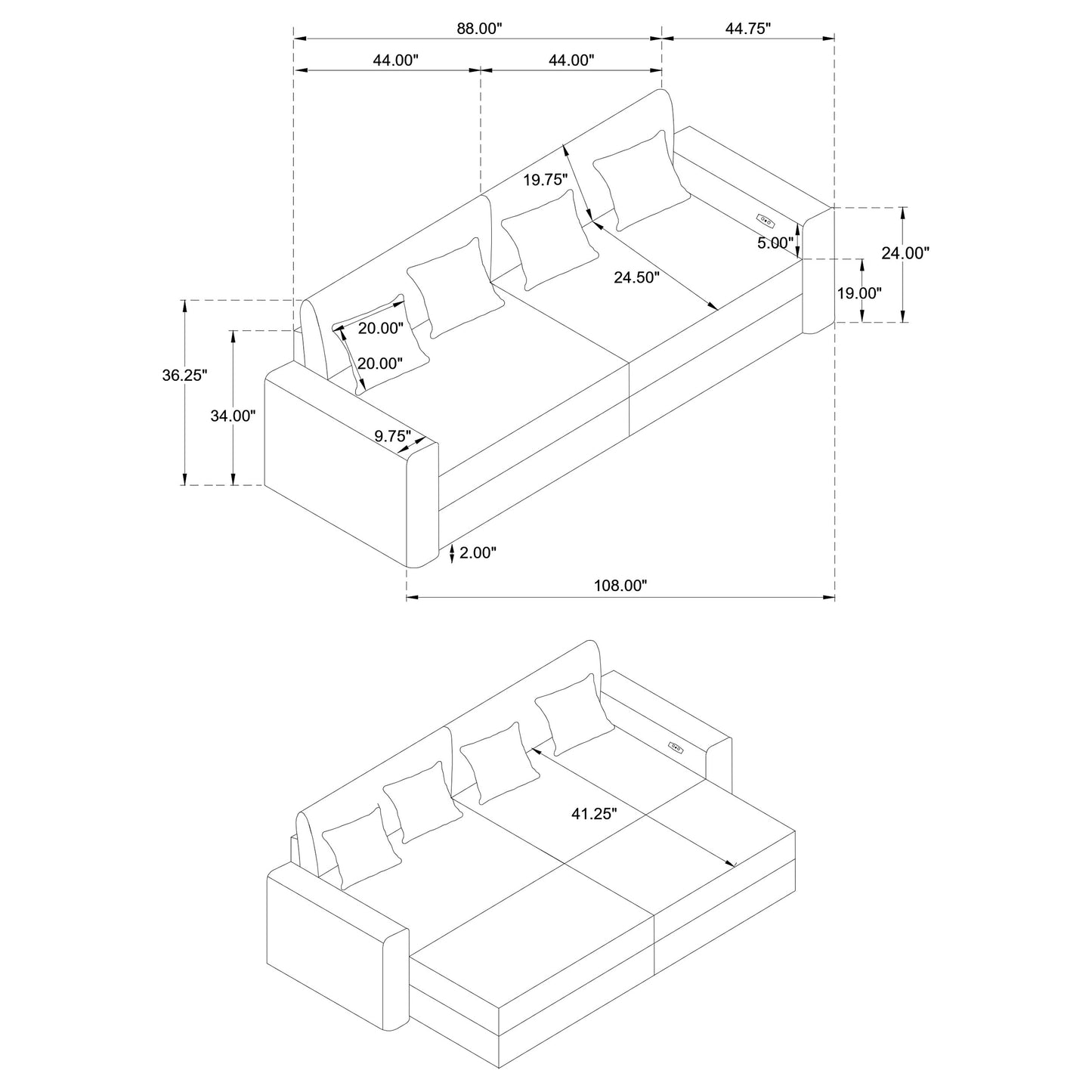 Jacana Corduroy Upholstered Dual Power Chaise Sofa Grey