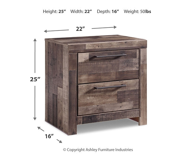 Wooden nightstand with dimensions and weight displayed on a white background