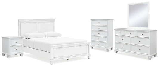Fortman Queen Panel Bed with Mirrored Dresser, Chest and Nightstand