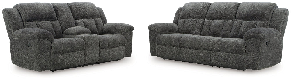 gray reclining sofa and loveseat on a white background