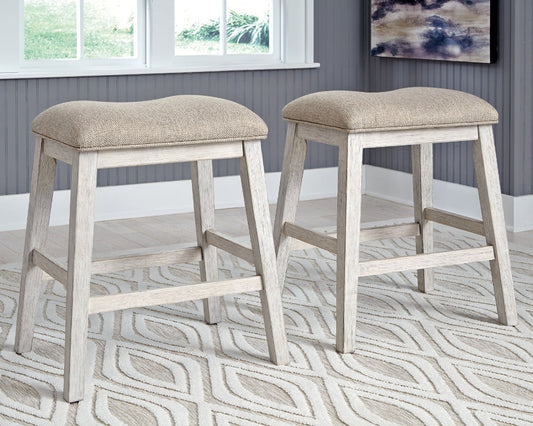 Two beige cushioned stools with white wooden legs on a patterned rug.