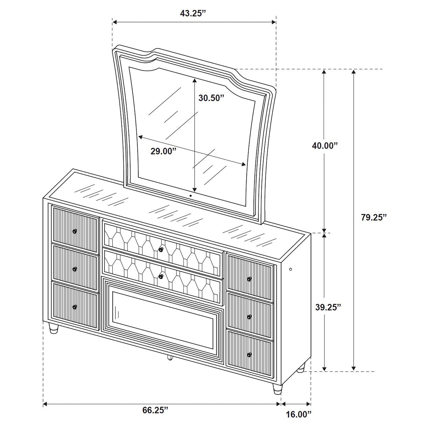 Lorient 8-drawer LED Flame Box Dresser and Mirror Black