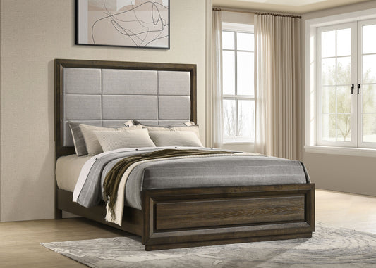 Atlas 63-inch Queen Upholstered Panel Bed Grey and Dark Oak