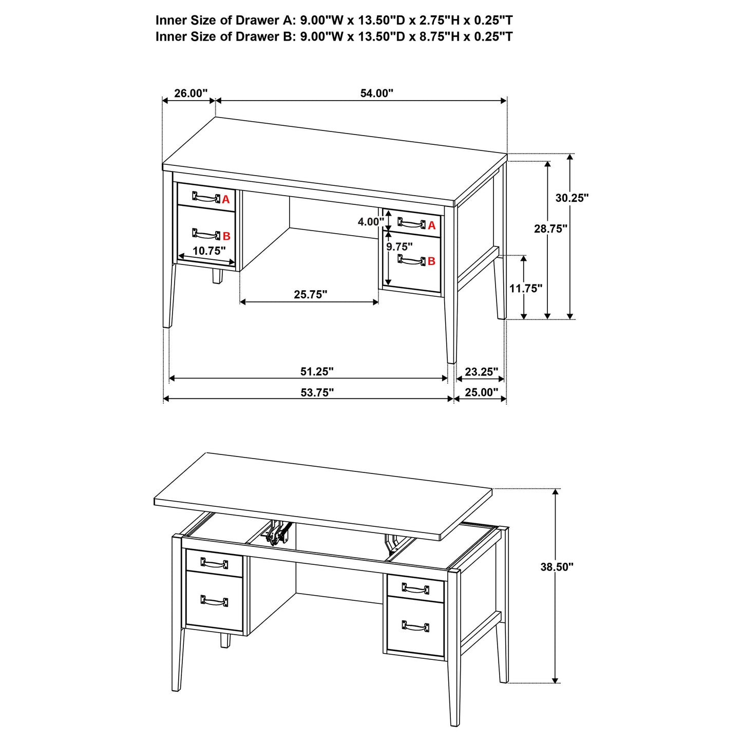 Graham 54-inch 4-drawer Double Pedestal Lift Top Computer Desk Black