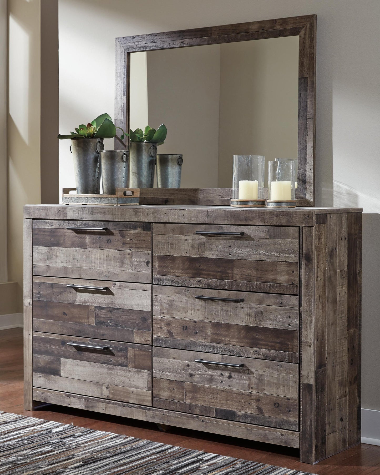 Derekson Twin Panel Headboard Bed with Mirrored Dresser, Chest and Nightstand