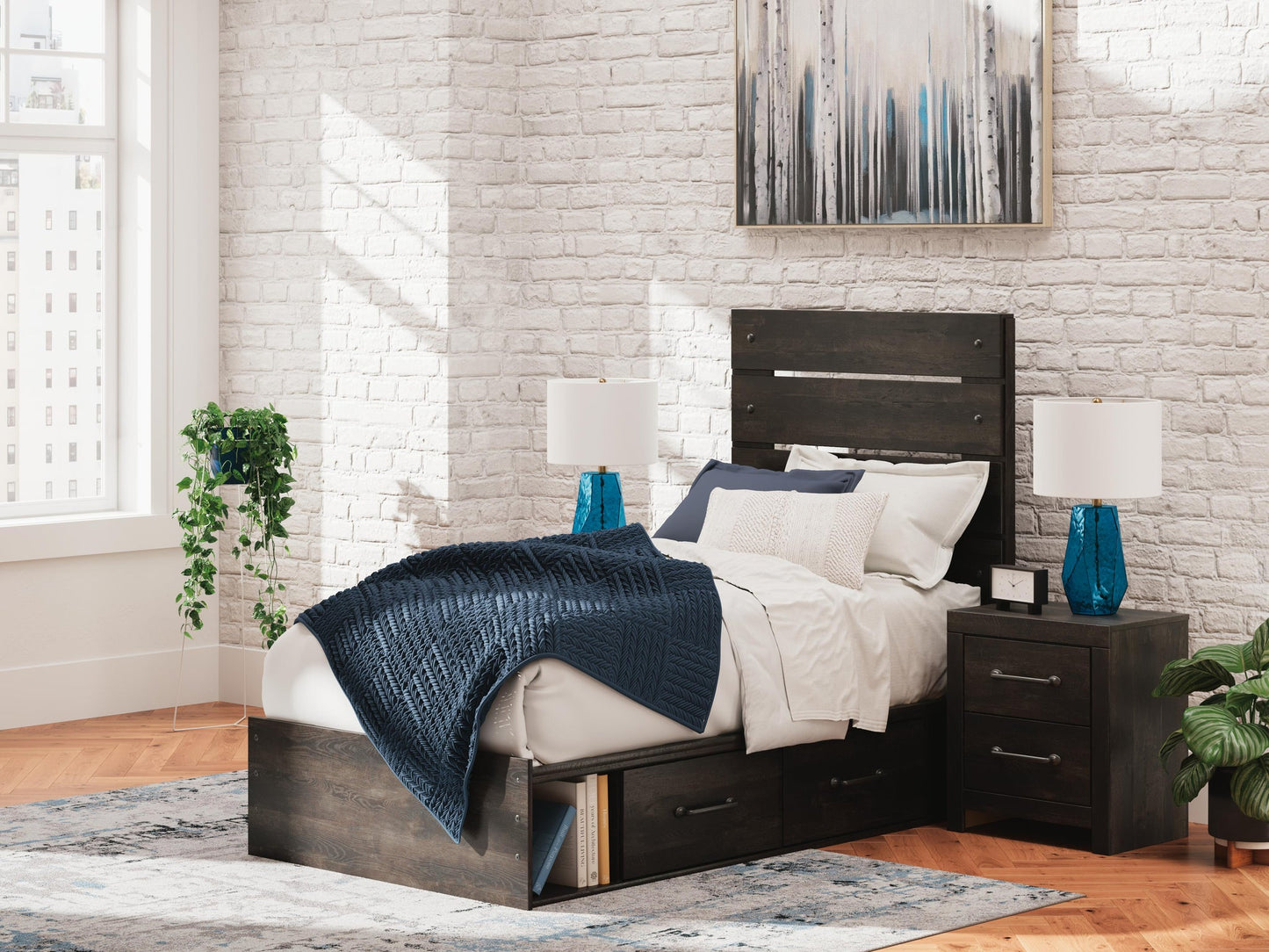 Hollivern Twin Panel Storage Bed, Dresser, Mirror, Chest and Nightstand