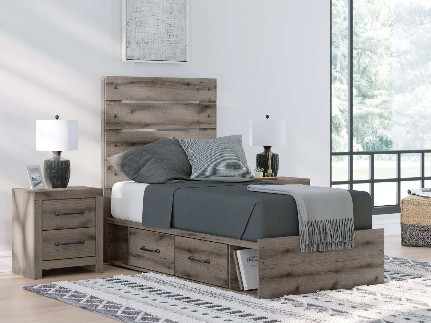 Graystorm Twin Panel Storage Bed, Dresser, Mirror and Nightstand