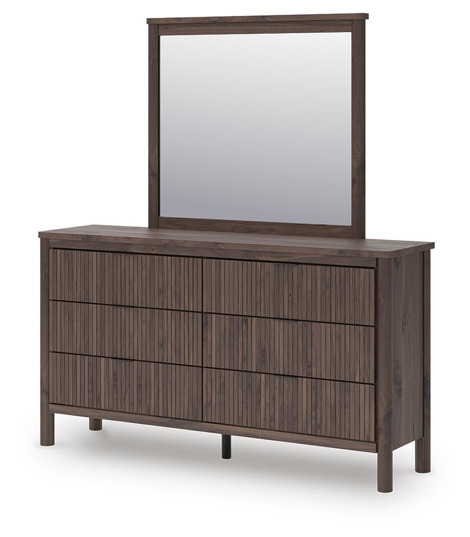 Pamytta Queen Upholstered Panel Platform Bed, Dresser, Mirror, Chest and Nightstand