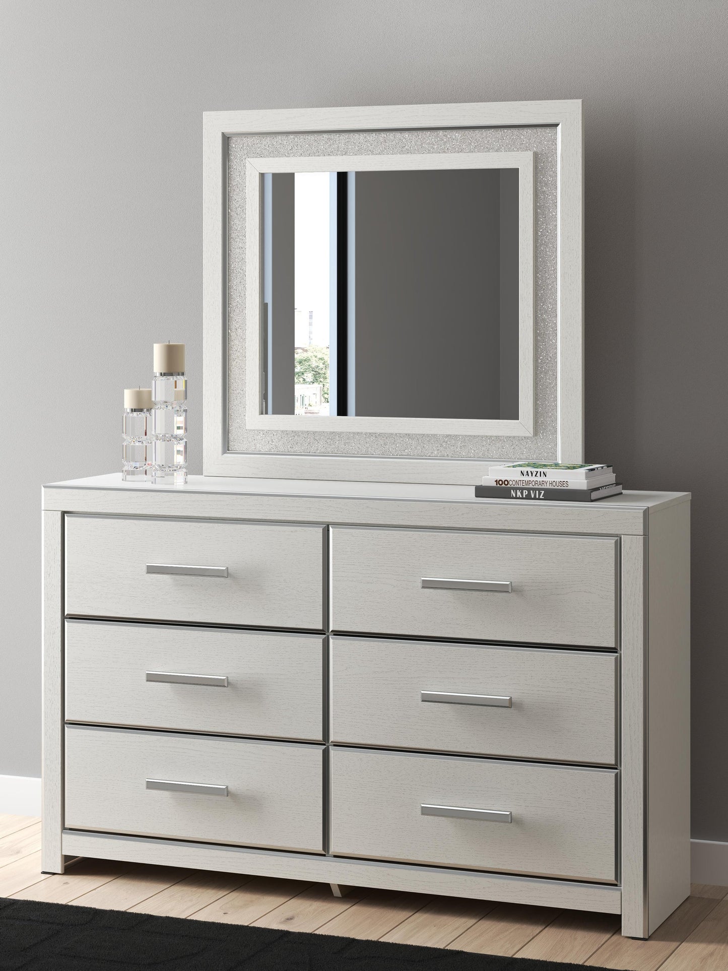 Zuraleus Queen Upholstered Panel Platform Bed, Dresser and Mirror
