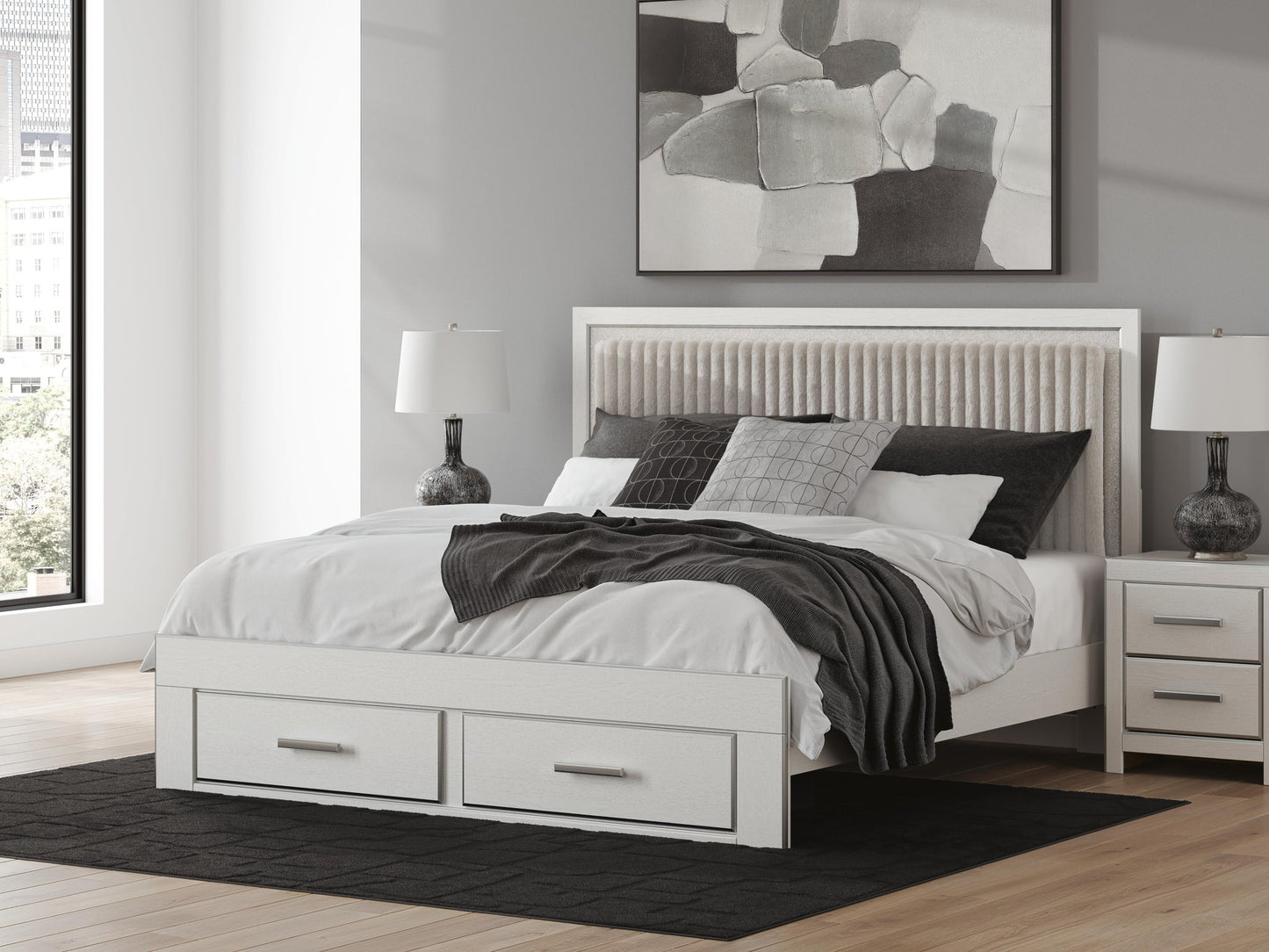 Zuraleus King Upholstered Panel Platform Storage Bed, Dresser and Mirror