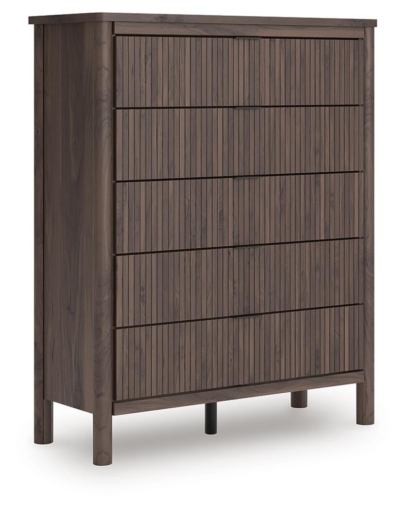 Pamytta Queen Upholstered Panel Bed, Dresser, Mirror, Chest and Nightstand