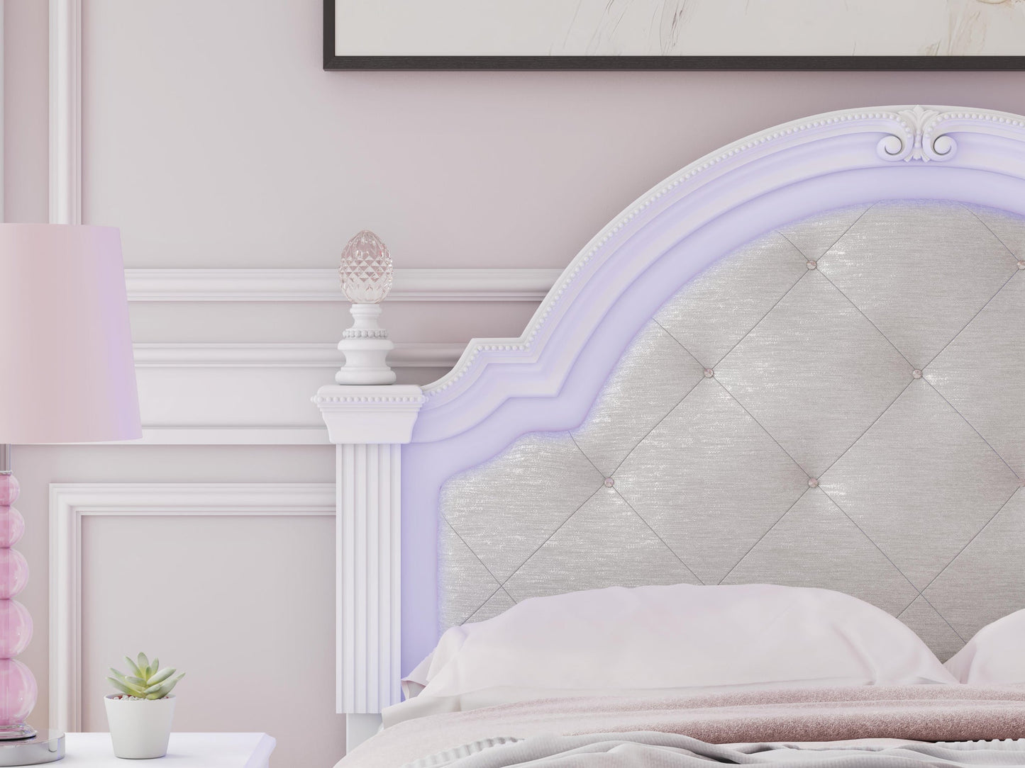 Kozlani Full Upholstered Panel Bed, Dresser, Mirror and Nightstand