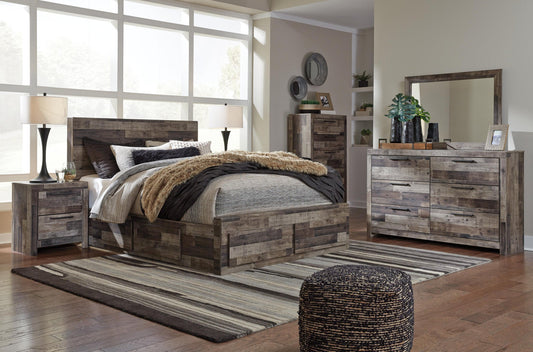 Derekson Queen Panel Bed with 4 Storage Drawers with Mirrored Dresser, Chest and Nightstand