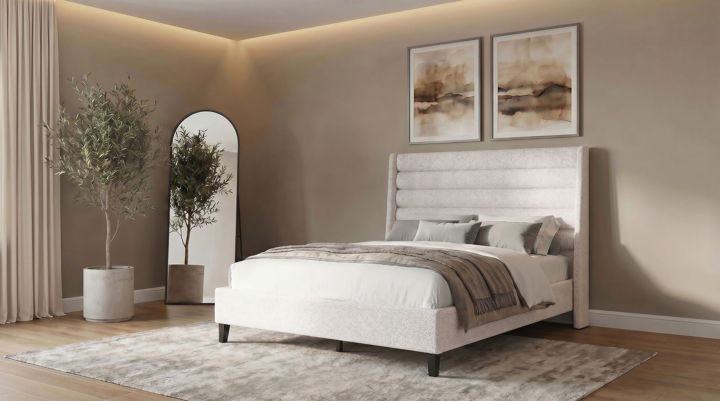 Leslie Upholstered Tufted Queen Wingback Platform Bed Beige