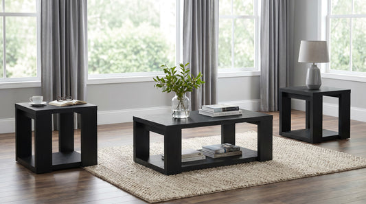 Pavone 3-Piece Transitional Coffee and End Table Set with Shelves Black