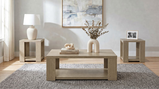 Pavone 3-Piece Transitional Coffee and End Table Set with Shelves Latte