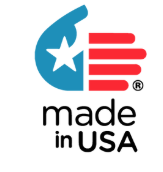 Logo with a star inside a blue circle and red bar, accompanied by the text 'made in USA'.