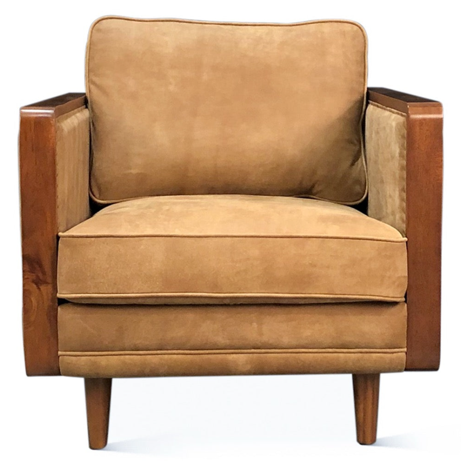 Brown armchair with wooden frame on a white background