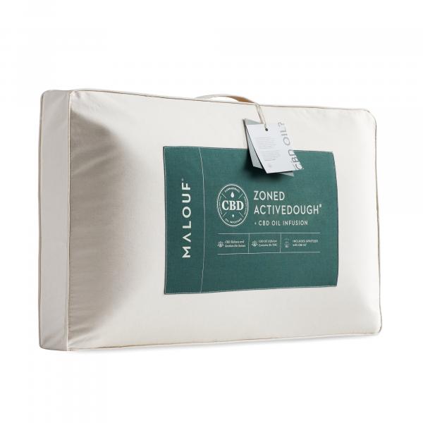 CBD infused memory foam pillow with a green label indicating 'Zoned ActiveDough' and CBD oil.