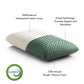 A pillow with a green and white color scheme, featuring a 100% natural unbleached cotton cover, zoned technology for support and ventilation, and CBD-infused Dough memory foam.